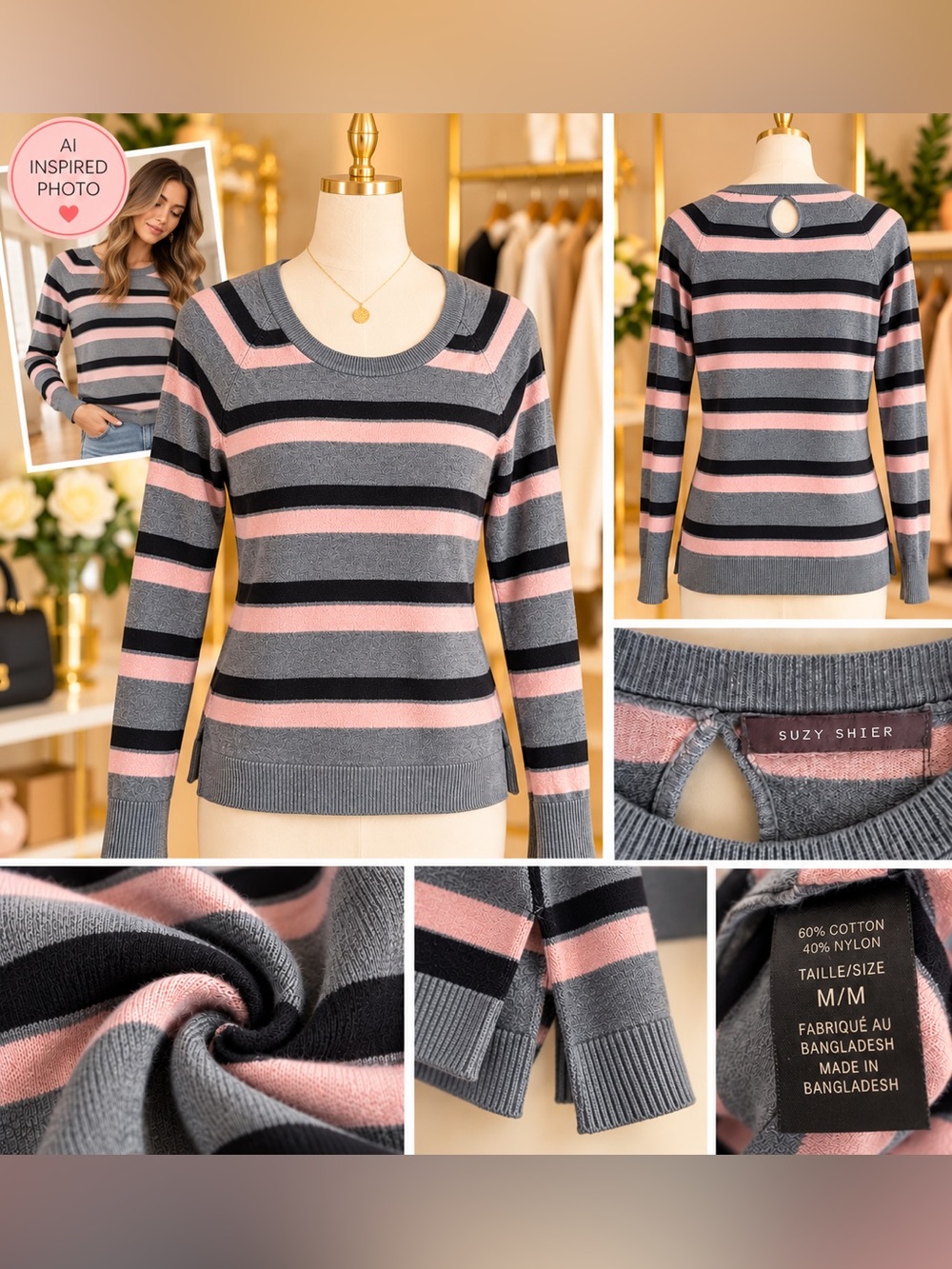 Striped Scoop Neck Sweater - Pink & Gray- M